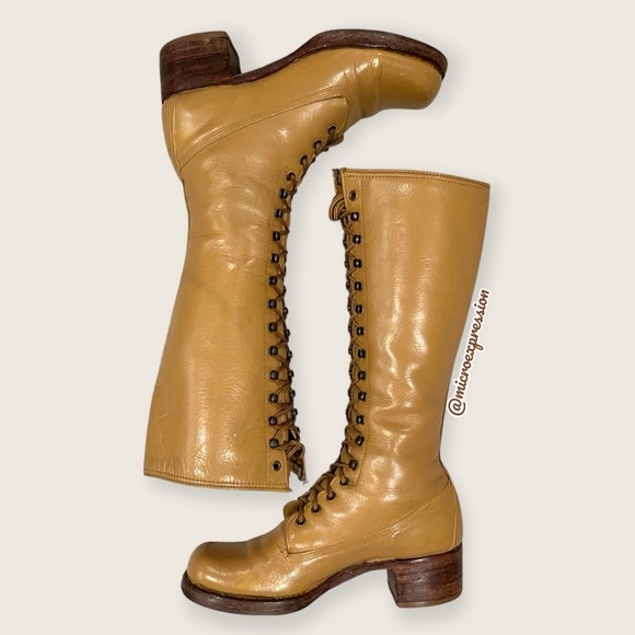 1960 VINTAGE Frye Campus Lug Lace Up Yellow Tan Banana Vintage Leather Tall Boot - Picture 15 of 15